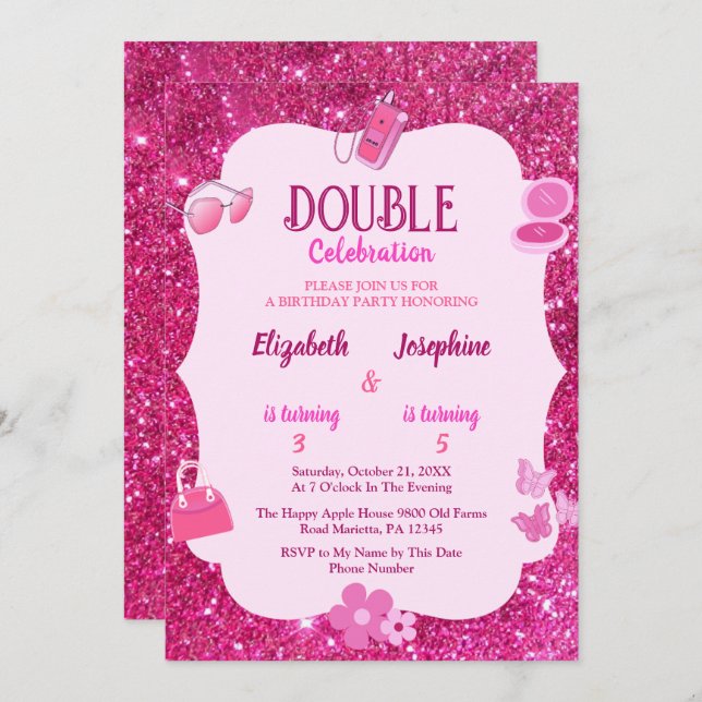 Convite Pink Glitter Double Birthday Party For Girls  (Frente/Verso)