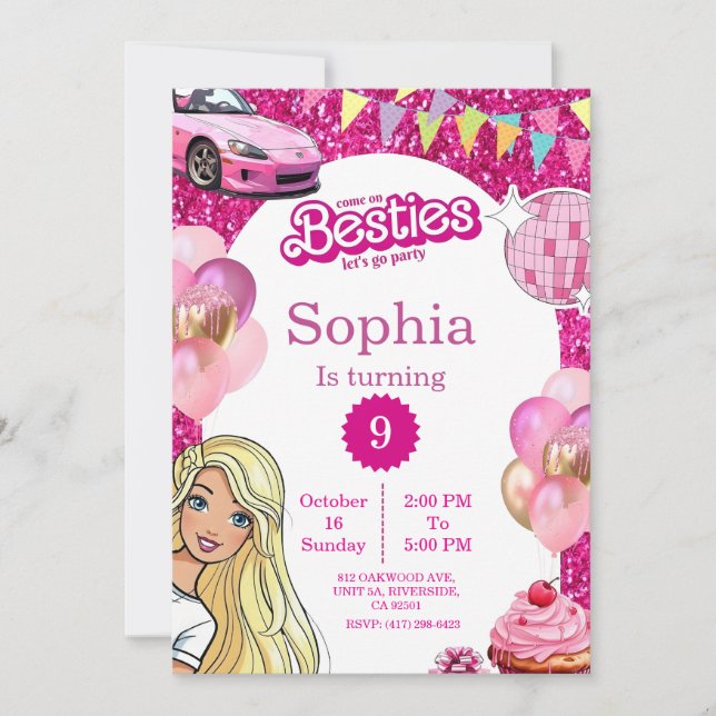 Convite Pink Glitter Fashion Doll Birthday Invite (Frente)
