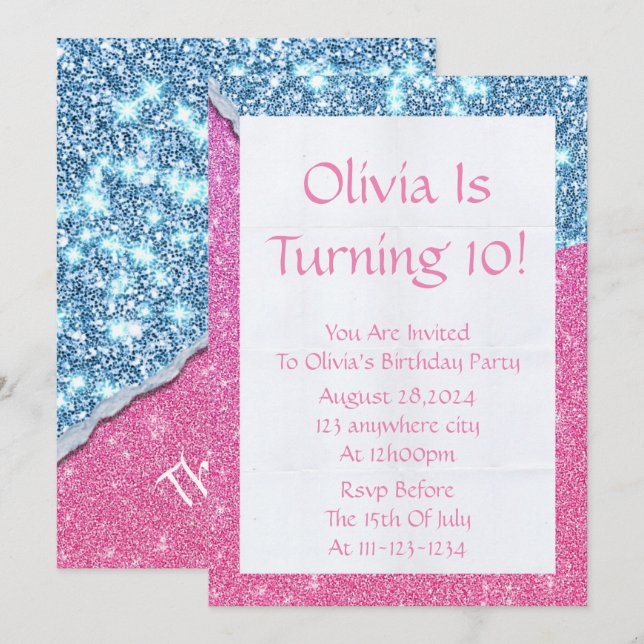 CONVITE PINK GLITTER GIRL NIRTHDAY (Frente/Verso)