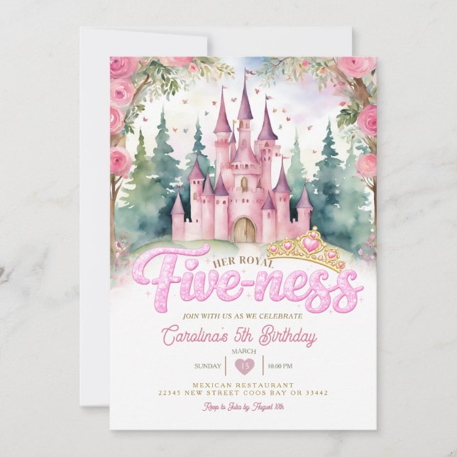 Convite Pink Glitter Her Royal Five-ness Castle Birthday (Frente)