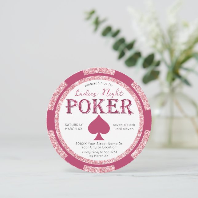 Convite Pink Glitter Ladies Night Poker Chip (Em pé/Frente)