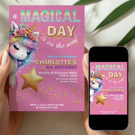 Convite Pink Glitter rainbow unicorn 4th birthday 