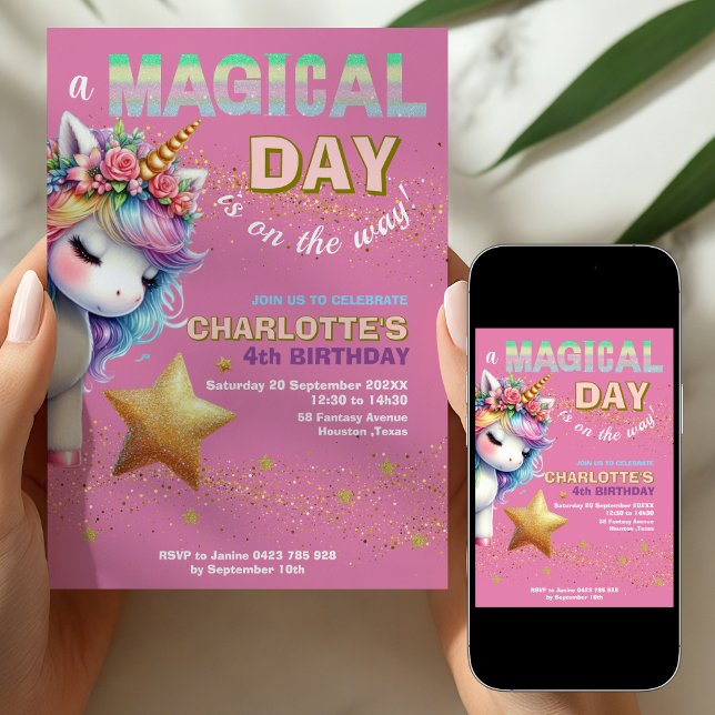 Convite Pink Glitter rainbow unicorn 4th birthday  (Criador carregado)