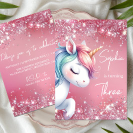 Convite Pink Glitter Rainbow Unicorn Birthday