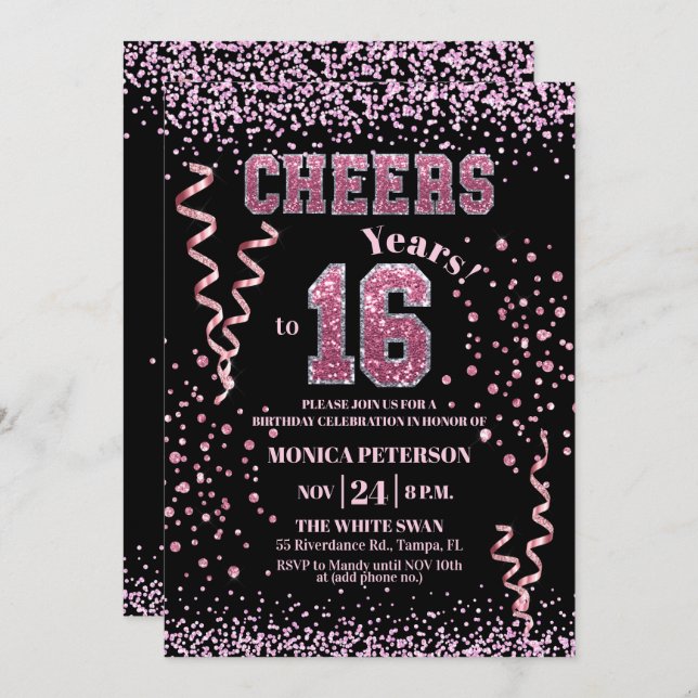 Convite Pink Glitter Rhinestones 16th Birthday Party  (Frente/Verso)