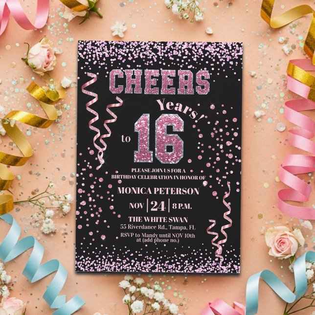 Convite Pink Glitter Rhinestones 16th Birthday Party  (Criador carregado)