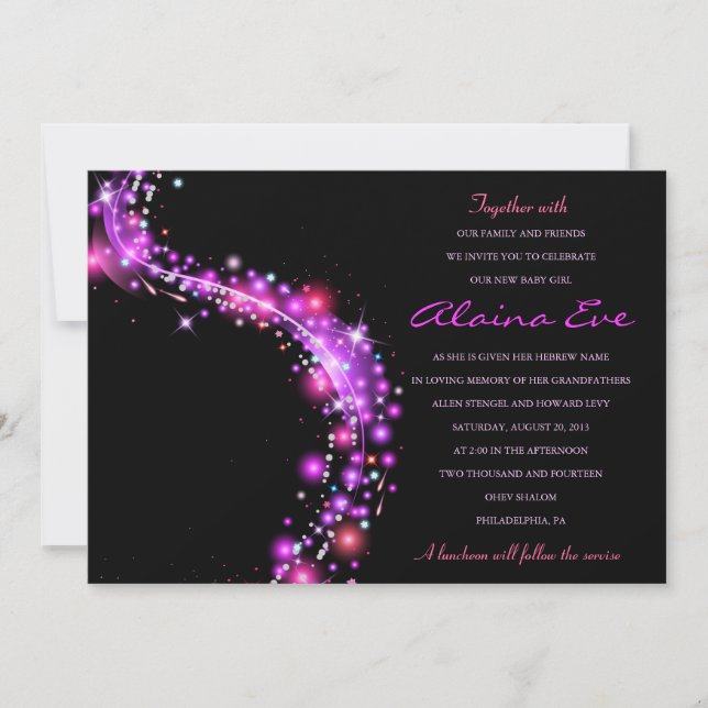 Convite PINK GLOTING STARS Jewish Baby Naming Invitation (Frente)