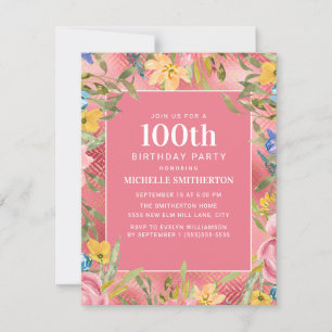 Convite Pink Gold Amarelo Azul Floral 100º Aniversário Mul