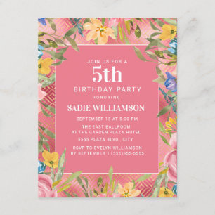 Convite Pink Gold Amarelo Azul Floral Aniversário de 5 ano