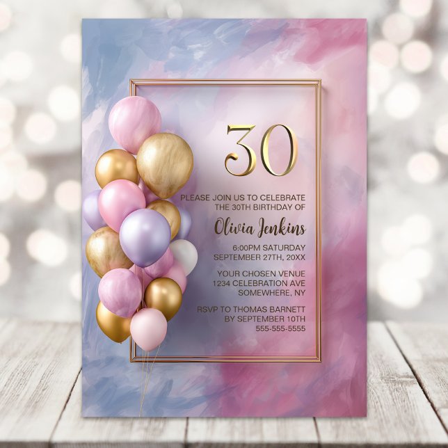 Convite Pink Gold Balloons 30th Birthday Party (Criador carregado)