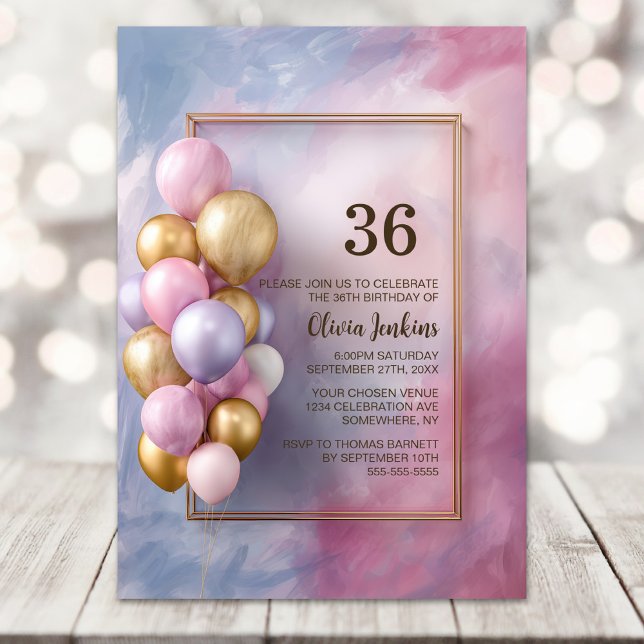 Convite Pink Gold Balloons Any Age Birthday Party (Criador carregado)