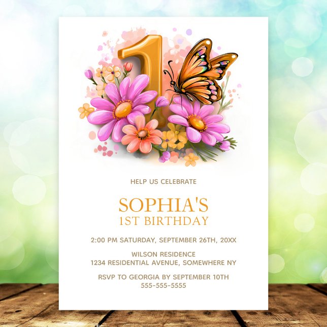 Convite Pink Gold Butterfly Floral 1st Birthday Party (Criador carregado)