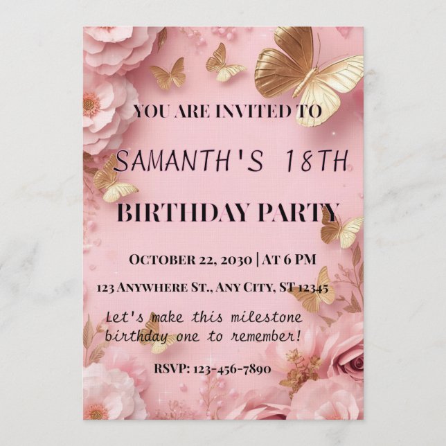 Convite Pink Gold Butterfly Garden Invite (Frente)