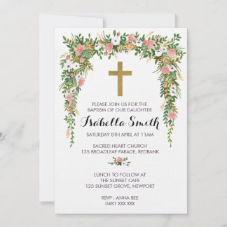 Convite Pink Gold floral Baptism / Christening Invitation