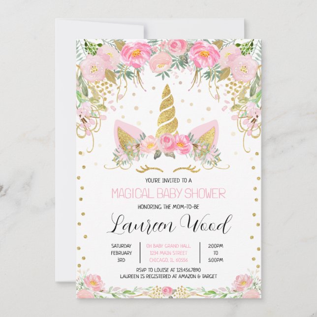 Convite Pink Gold Floral Unicorn Baby Shower (Frente)