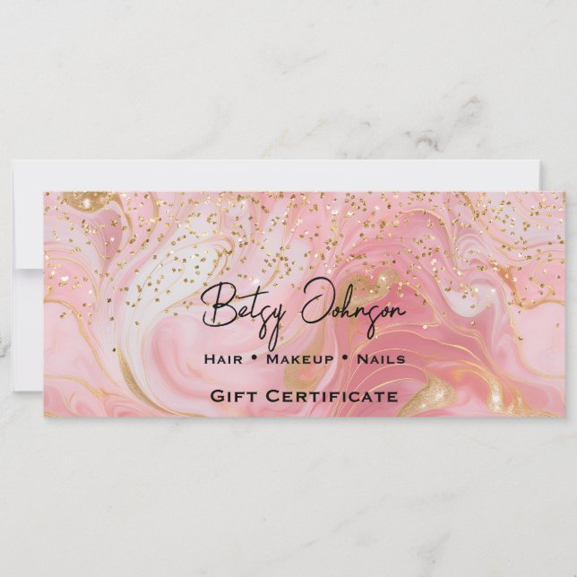 Convite Pink & Gold Glitter Marbled Gift Certificate Card (Frente)
