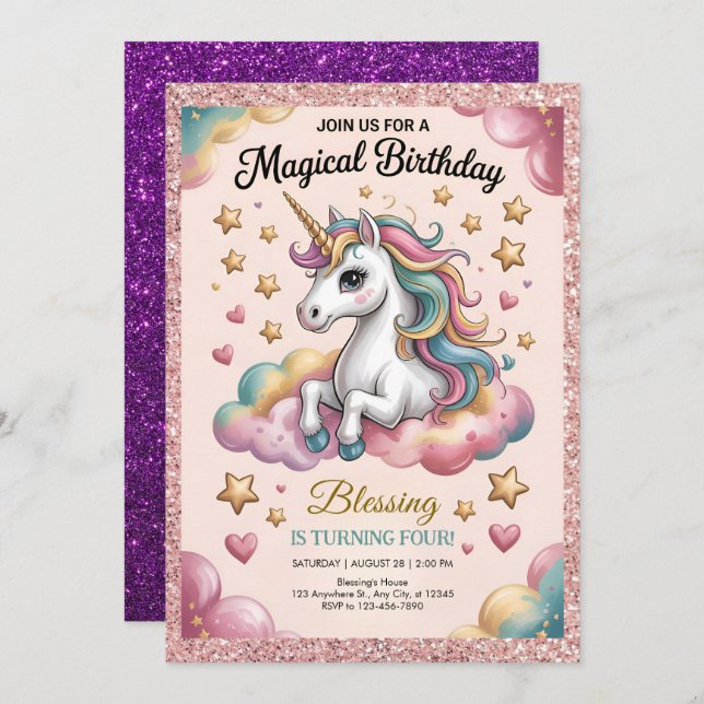 Convite Pink & Gold Glitter Party (Frente/Verso)