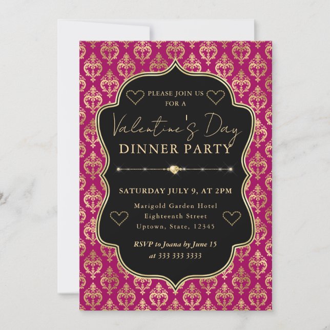 Convite Pink & Gold Heart Damask Valentine's Dinner Party (Frente)