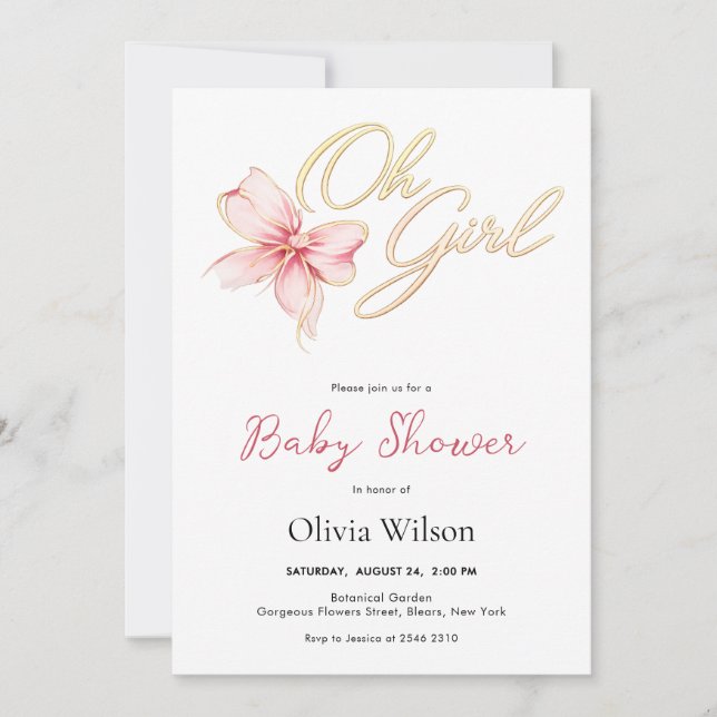 Convite Pink & Gold “Oh Girl” Gold Typography Baby Shower (Frente)
