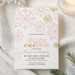Convite Pink Gold Onederland 1º Aniversário Floco de Neve