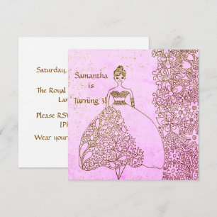 Convite Pink Gold Princess Linha de Arte Floral Aniversári