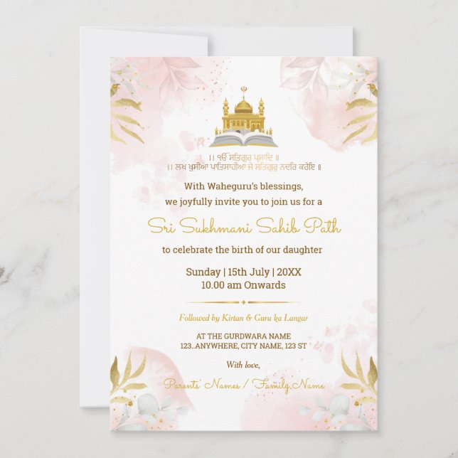 Convite Pink & Gold Sukhmani Sahib Path Invitation Card (Frente)