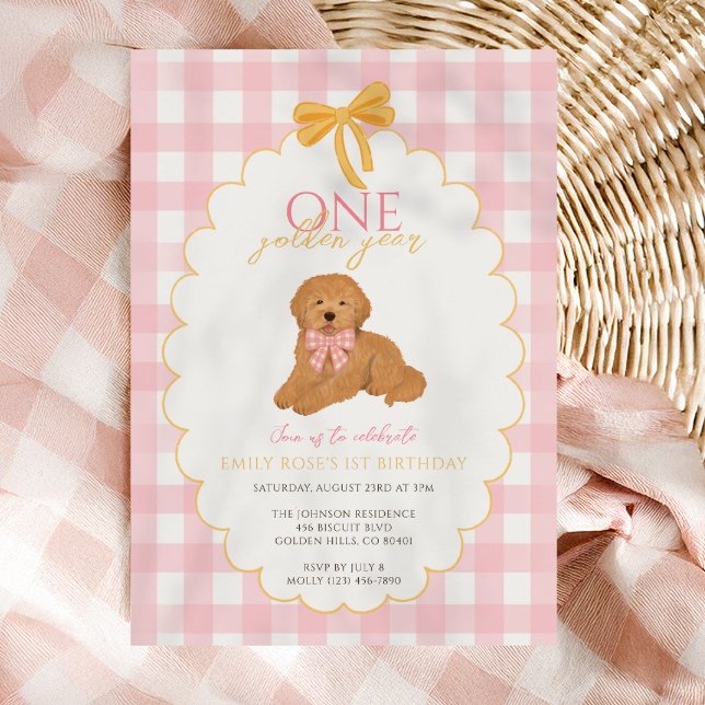 Convite Pink Golden Doodle First Birthday Party (Criador carregado)