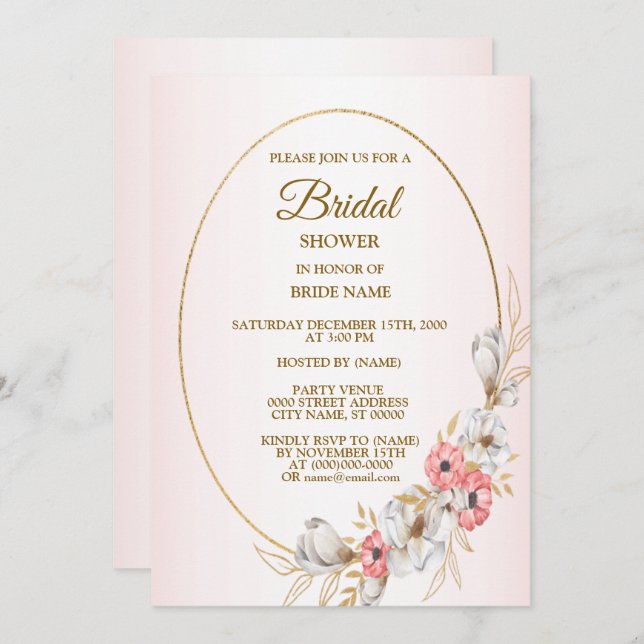 Convite Pink Golden Floral Geometric Peach Bridal Shower (Frente/Verso)