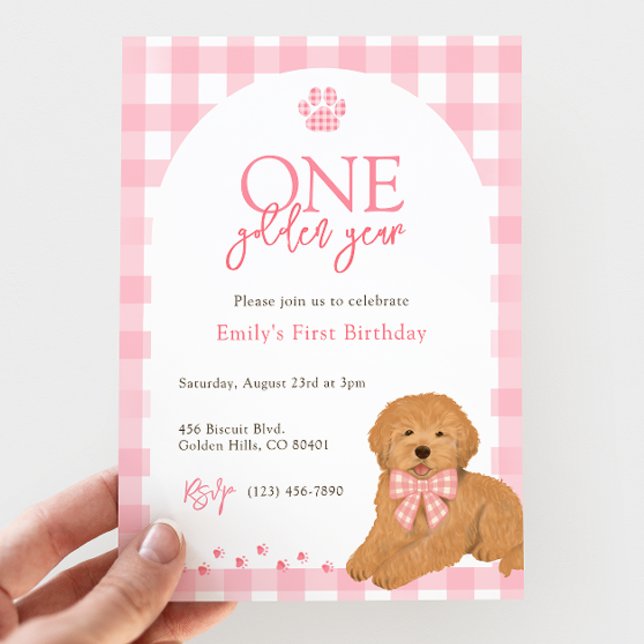 Convite Pink Goldendoodle Dog One Golden Year birthday (Criador carregado)