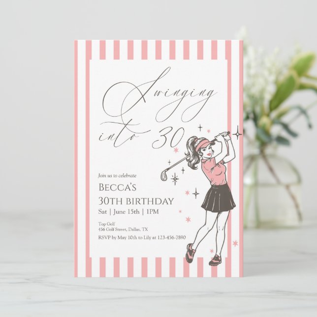 Convite Pink Golf 30th Birthday Party Swinging Into 30 (Em pé/Frente)