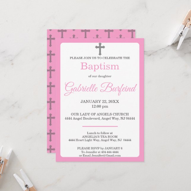 Convite Pink & Gray Cross Watercolor Baptism (Frente/Verso In Situ)