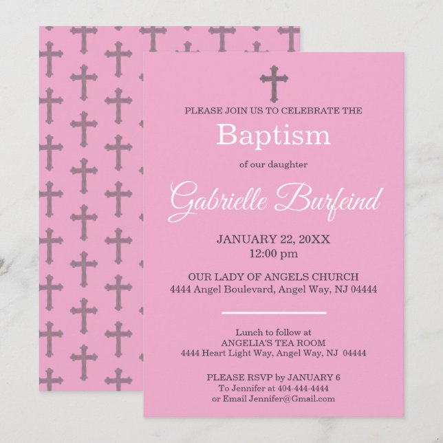 Convite Pink & Gray Cross Watercolor Baptism (Frente/Verso)