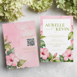 Convite Pink Green Floral Summer Watercolor QRcode Wedding