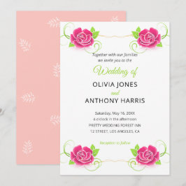 Convite Pink Green Gold Floral Rose Wedding 