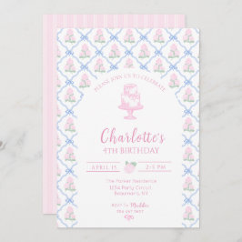 Convite Pink Green Hydrangea Blue Bow Trellis