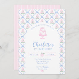 Convite Pink Green Hydrangea Blue Bow Trellis