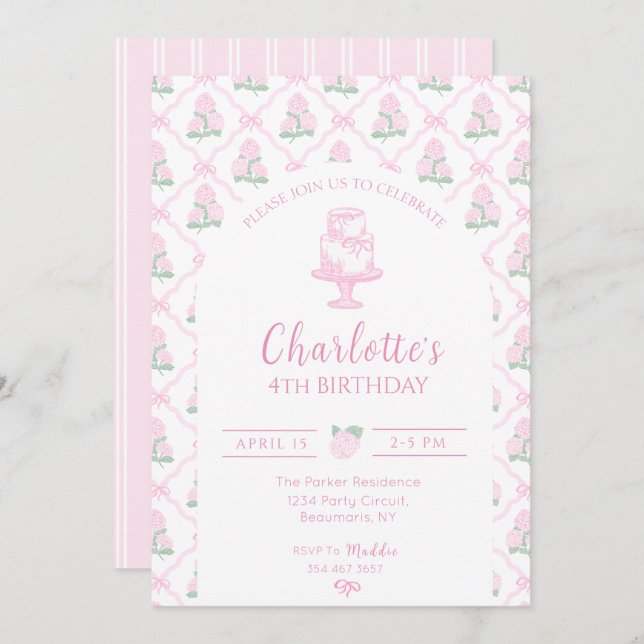 Convite Pink & Green Hydrangea Trellis with Bows (Frente/Verso)