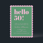 Convite Pink Green Modern 50th Scalloped Birthday Party<br><div class="desc">Make a vibrant statement with this eye-catching scalloped-edge birthday invitation! Featuring bold green “hello 50!” text on a pink background,  this playful and modern card invites guests to celebrate a milestone birthday in style. Fully customizable with name,  date,  location,  and RSVP info.</div>