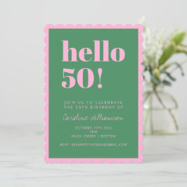 Convite Pink Green Modern 50th Scalloped Birthday Party