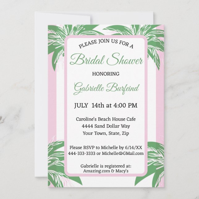 Convite Pink & Green Palm Bridal Shower Tropical  (Frente)