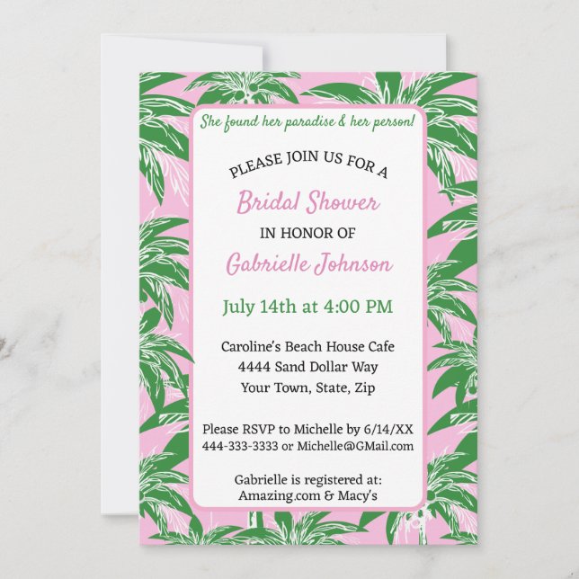 Convite Pink Green Palm Tree Preppy Summer Shower Party (Frente)