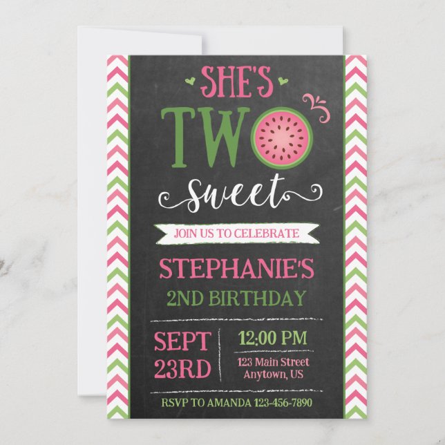 Convite Pink Green Two Sweet Melon 2nd Birthday Invitation (Frente)