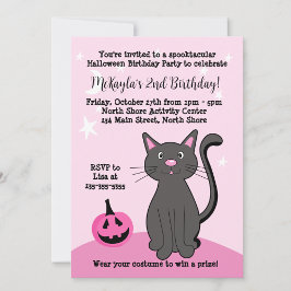 Convite Pink Halloween Black Cat Pumpkin Bat Soft Pink