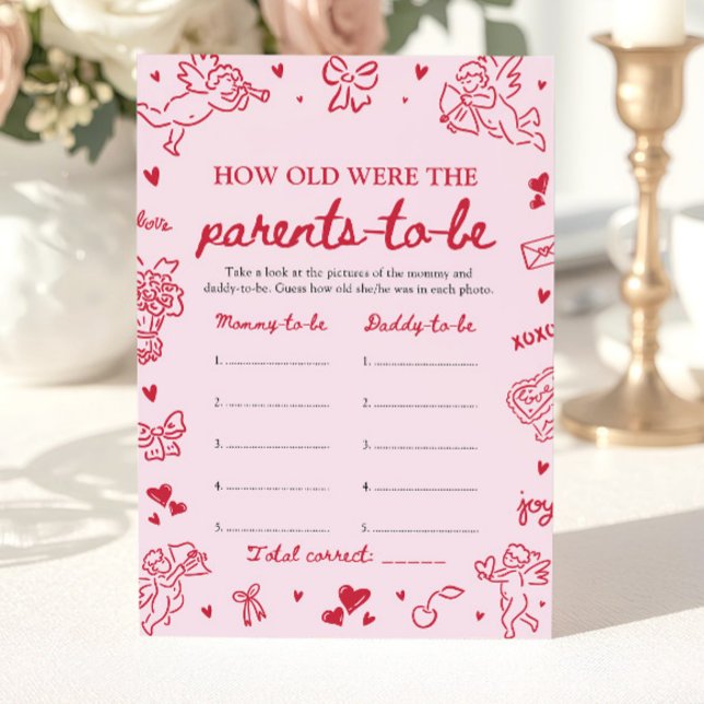 Convite Pink Hand Drawn Baby Shower How Old Were They (Pink Hand Drawn Baby Shower How Old Were They Game)