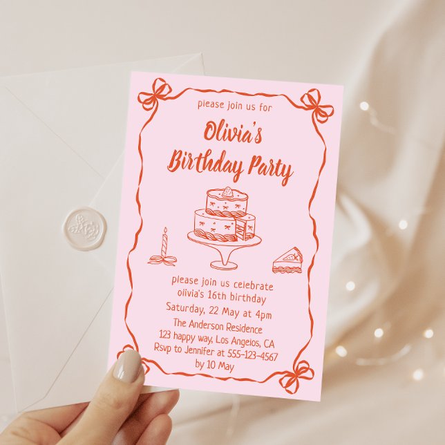 Convite Pink Hand-Drawn Cake & Ribbon Border Birthday  (Criador carregado)
