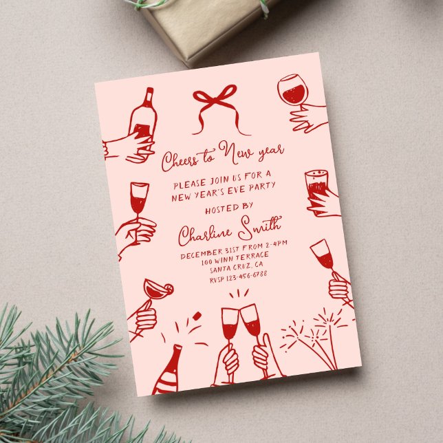 Convite Pink Hand Drawn “Cheers to New Year” Holiday Party (Criador carregado)