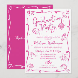 Convite Pink Hand Drawn Doodles Graduation Fun White Party