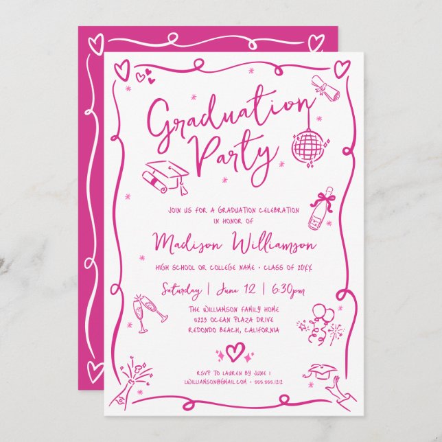 Convite Pink Hand Drawn Doodles Graduation Fun White Party (Frente/Verso)