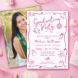 Convite Pink Hand Drawn Doodles Photo Graduate White Party