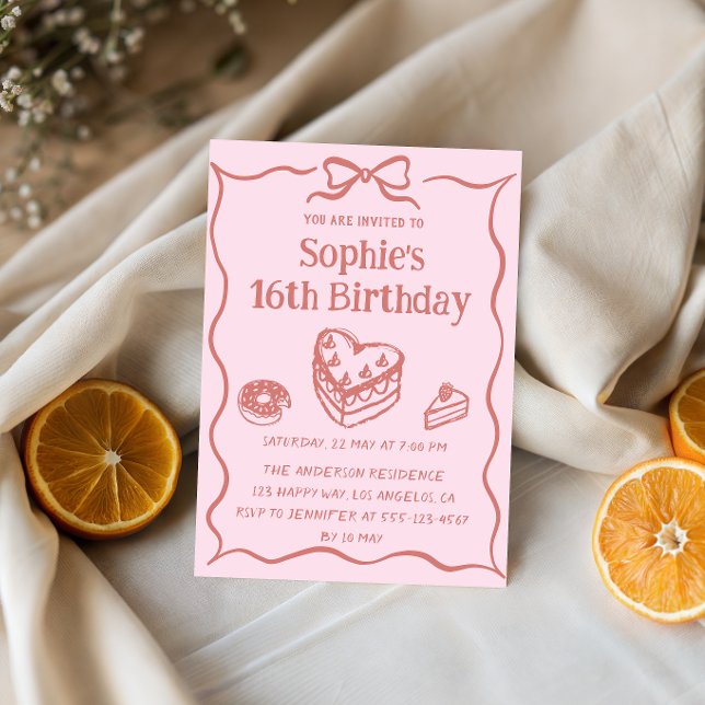 Convite Pink Hand-Drawn Sweets Sweet 16 Birthday  (Criador carregado)